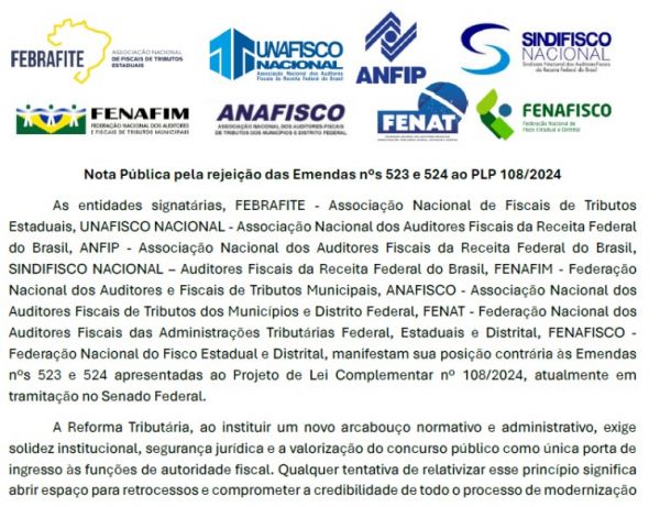 Nota Pública pela rejeição das Emendas nºs 523 e 524 ao PLP 108/2024